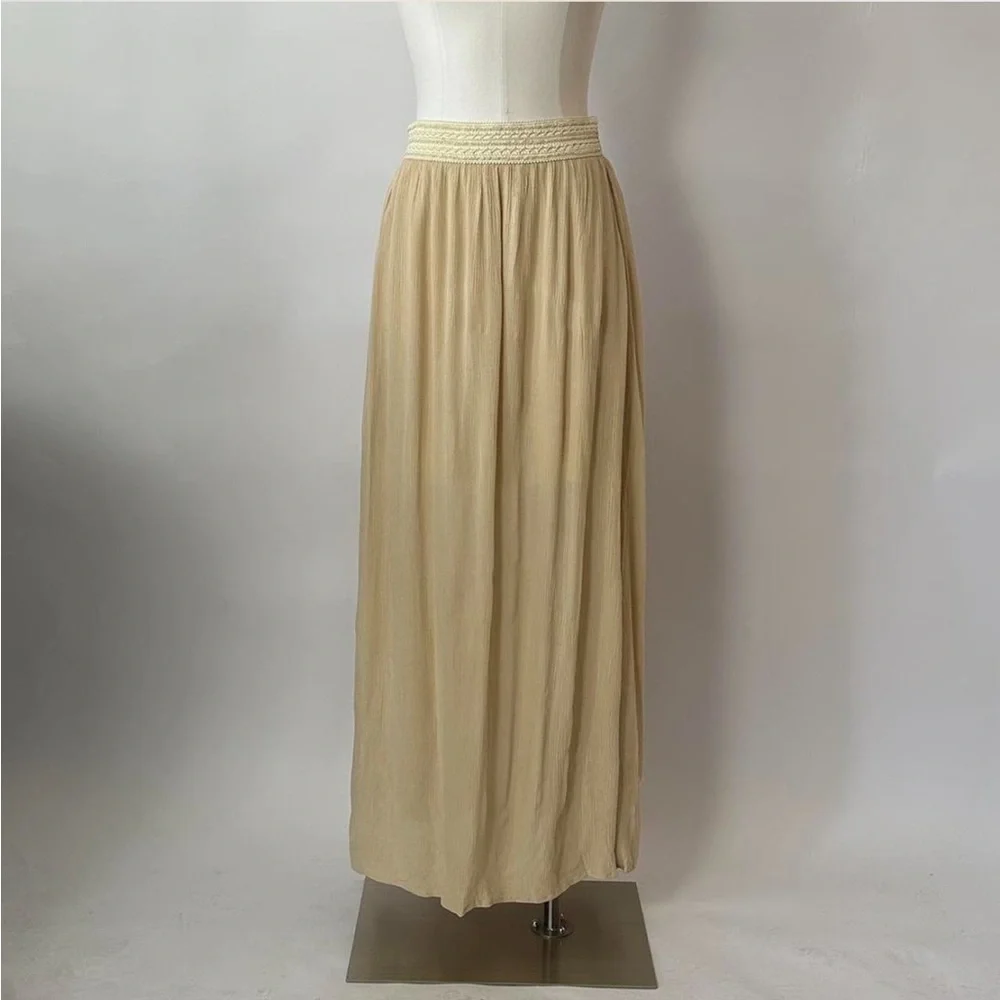 Vintage Active Boho Crinkled Maxi Skirt Crochet Knit Waistband Beige Tan Large - Picture 5 of 10